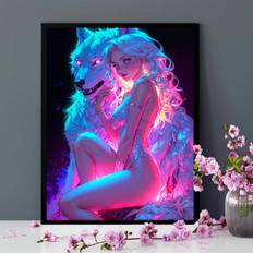 TEMU Neon Wolf And Woman Canvas Art Print, Creative Fantasy Wall Decor For Home, Bedroom, Kitchen, Living Room, Bathroom, Hotel, Cafe, Office | Frameless Poster Board | 1pc, 12x16 Inches