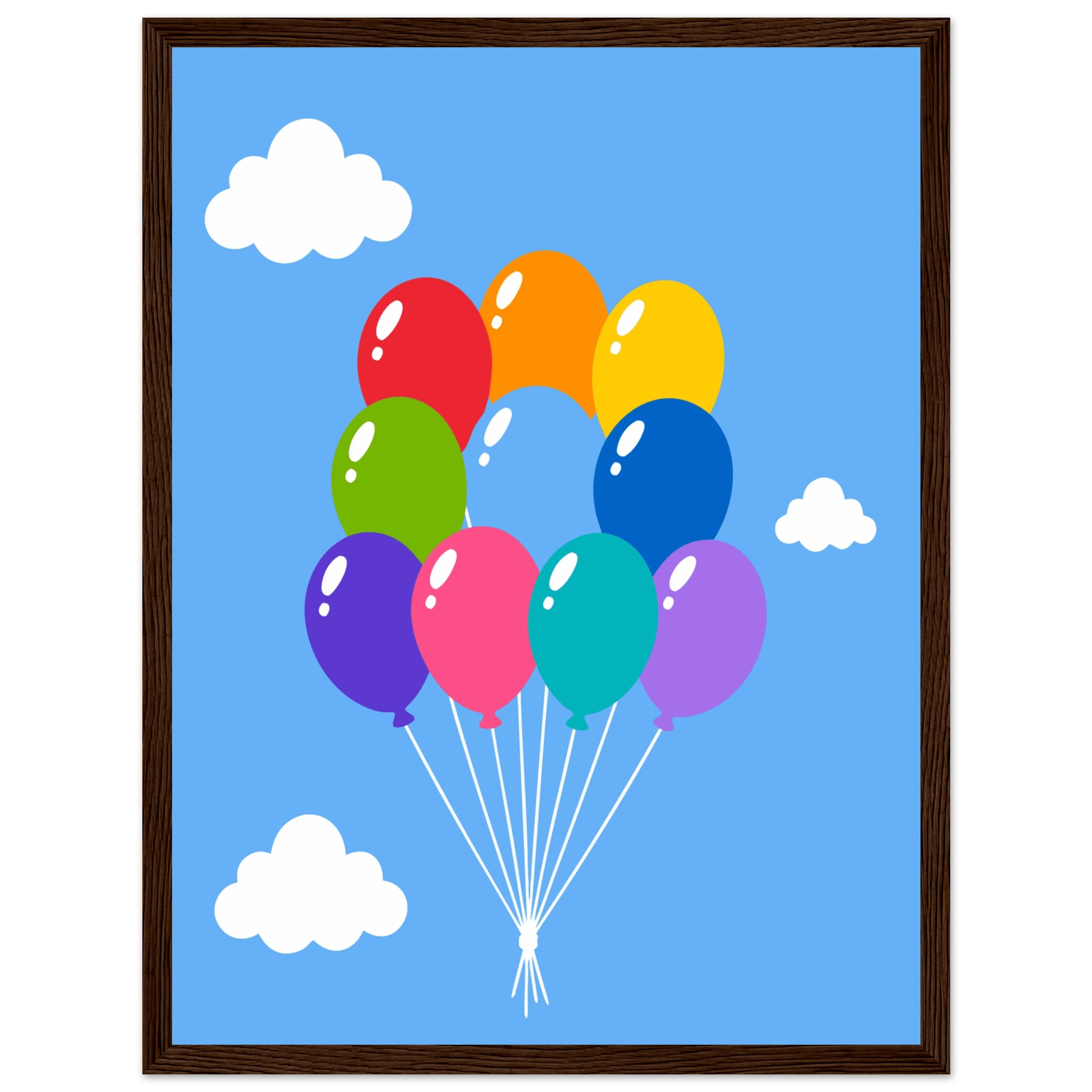 Färgglada ballonger poster-30x40 cm / 12x16″ / Med ram / Mörkt trä