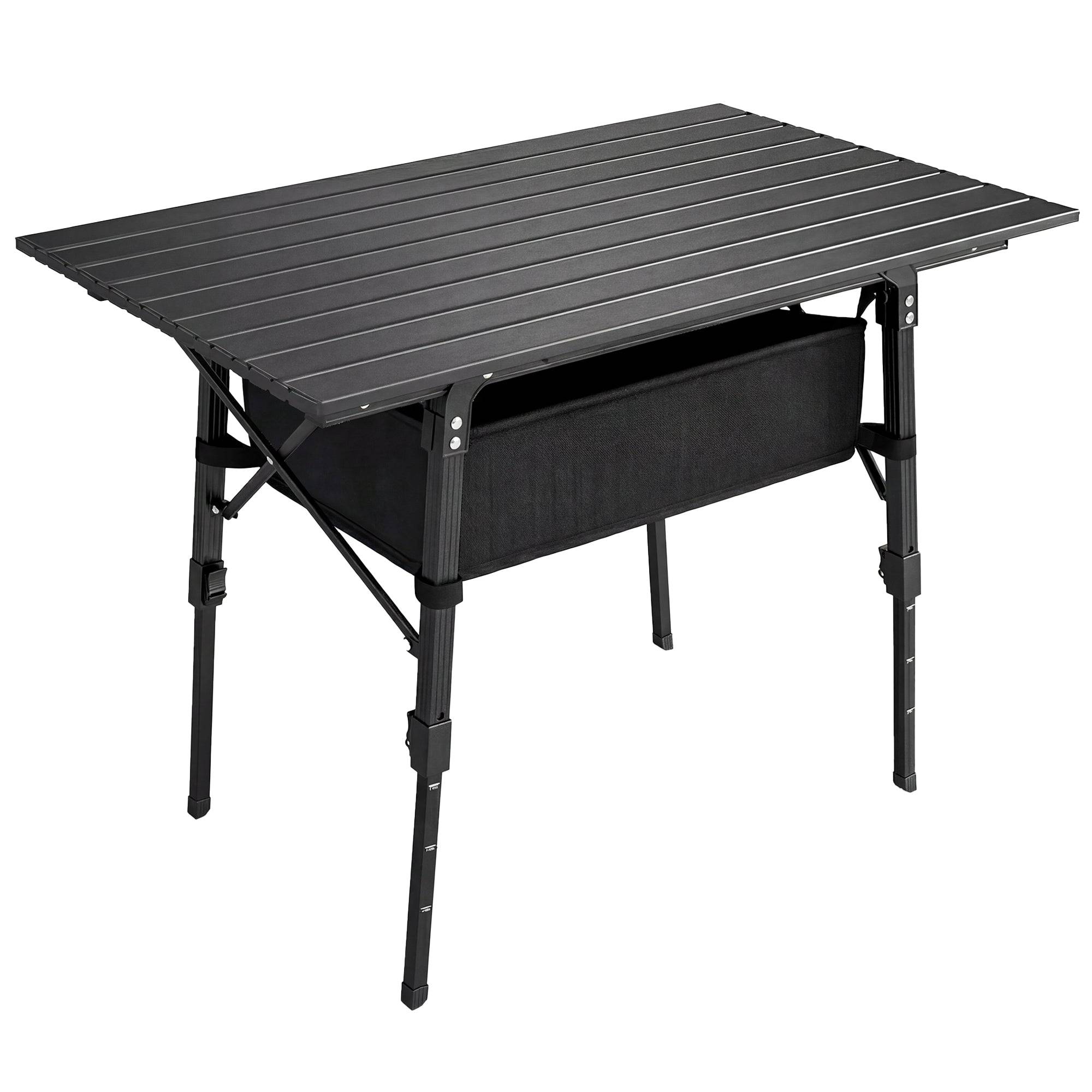 Campingbord med opbevaringskurv, højdejusterbar, foldbar, aluminium, sort