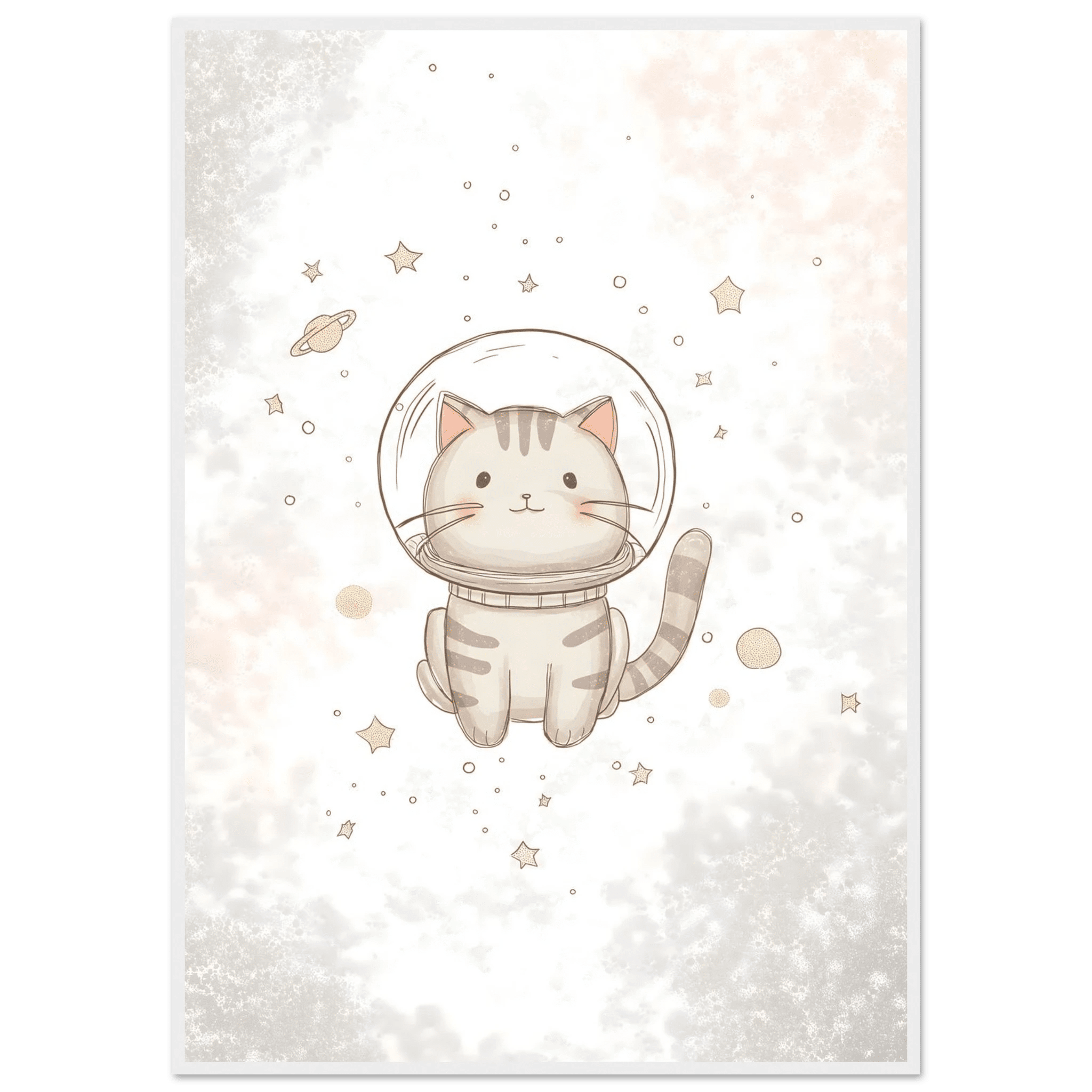 Katt i rymden poster-70x100 cm / 28x40″ / Med ram / Vit