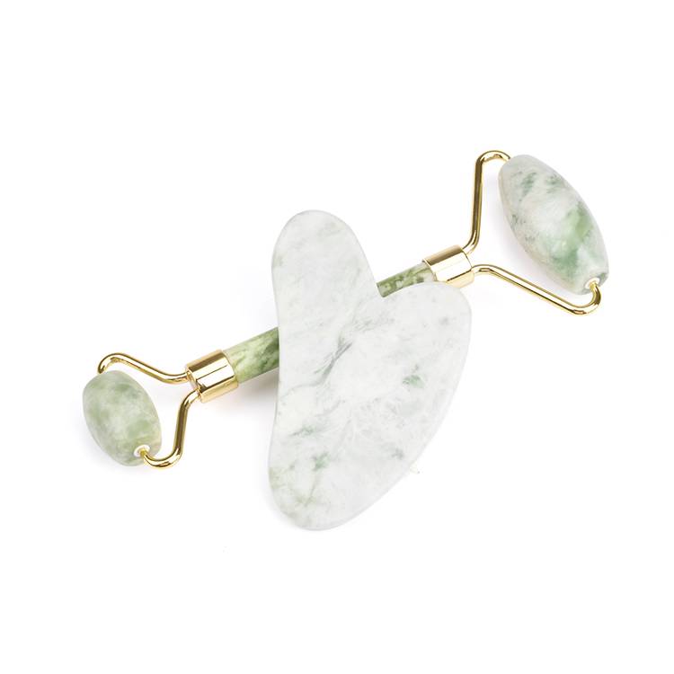 Gua Sha Set: Bågformad grön vit Jade roller med Gua Sha sten
