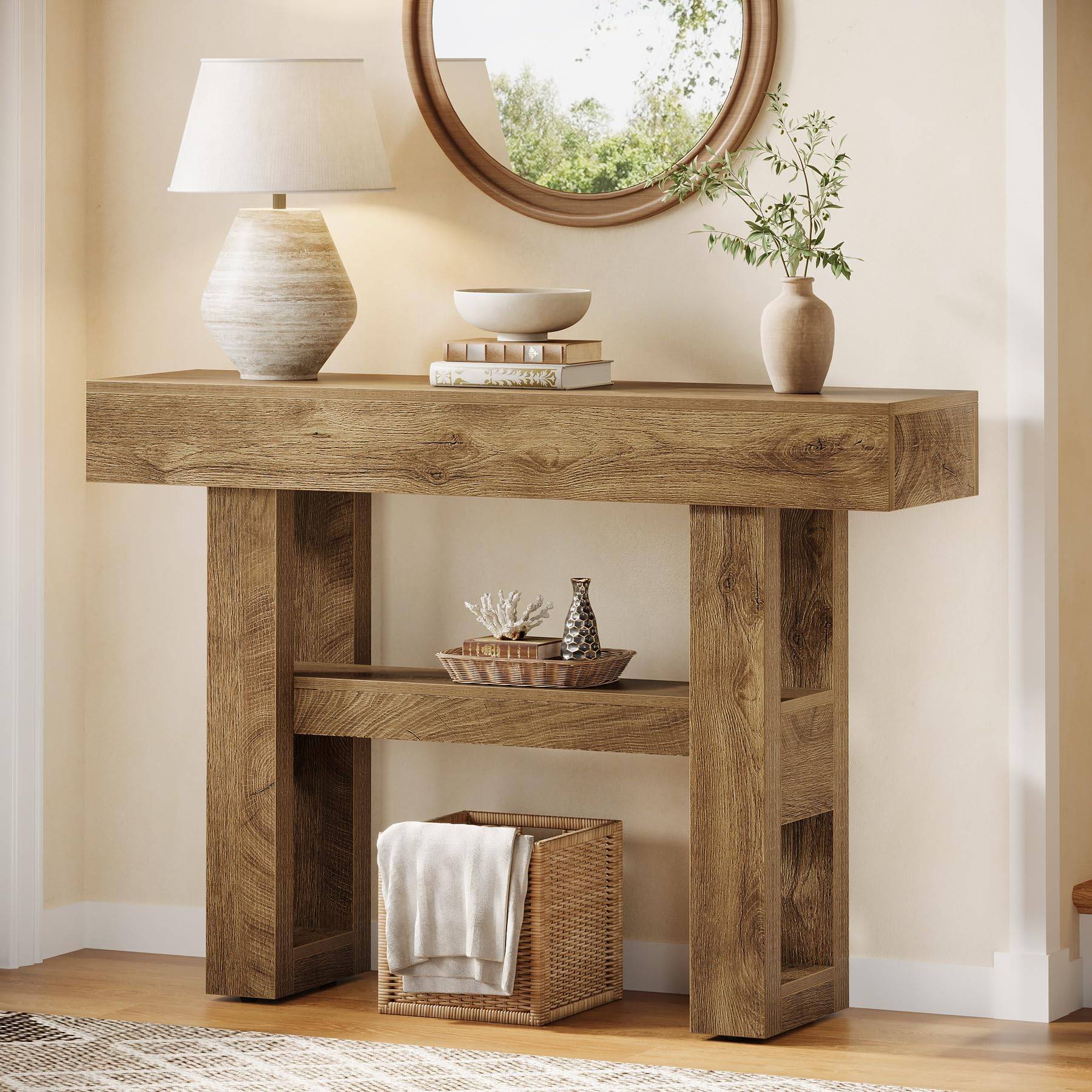 41.34-inch Farmhouse Console Table, 2-tier Narrow Sofa Table Behind The Couch, Entryway Furniture With Storage Shelves For Hallway Foyer Living Room, Light Brown