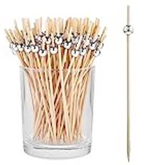 100 st cocktailplektrum, 12,7 cm fina cocktailtandpetare för aptitretare spett bambu cocktailplektrum för festdekoration, guldpärla matval för smörgås hamburgare frukt (silver)