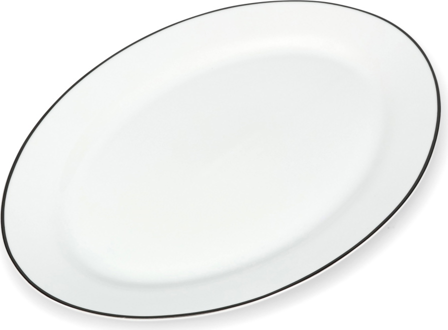Serveringsfad Bonbistro Bistro 35x24 cm, ovalt hvidt porcelæn med smal sort kant, opvaskemaskine- og mikrobølgeegnet.