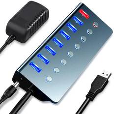 Strømforsynet USB-hub, 7-ports USB-hub med strømforsyning 3.0| Multi USB-portudvider med tænd/sluk-knap og 5V/3A strømadapter til bærbar...