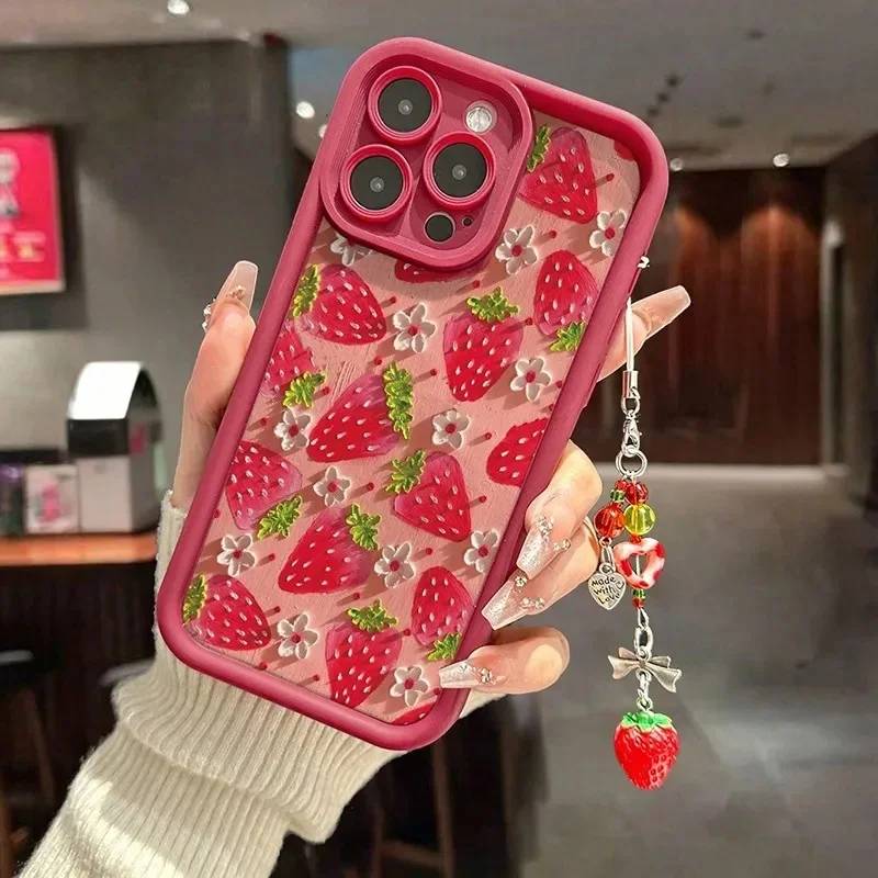Red Strawberry With Pendant Case For OnePlus 15 13 13T NORD CE 6 5 4 2 3 Lite ACE 3 2 12 11 10R 8T 5G ACE3 CE4 5G Summer Casing