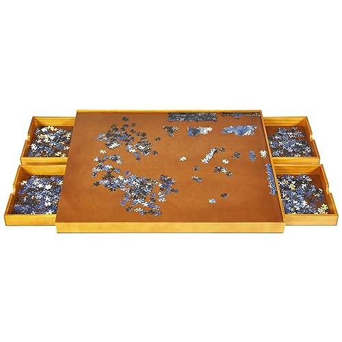 COSTWAY Pusselbord med 4 lådor, pusselplatta för upp till 1000-1500 bitar pussel, pusselbräda trä, pusselbräda med jämn arbetsyta, 80 x 65 cm, CB10439DE, Träfärg, silver
