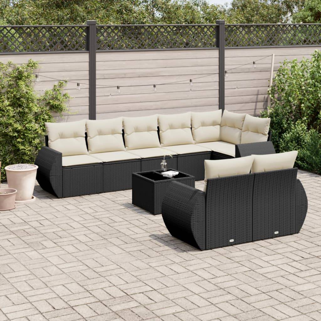 Sofasæt Til Haven 9 Dele Med Hynder Polyrattan - Sort og cremefarvet / Med bord