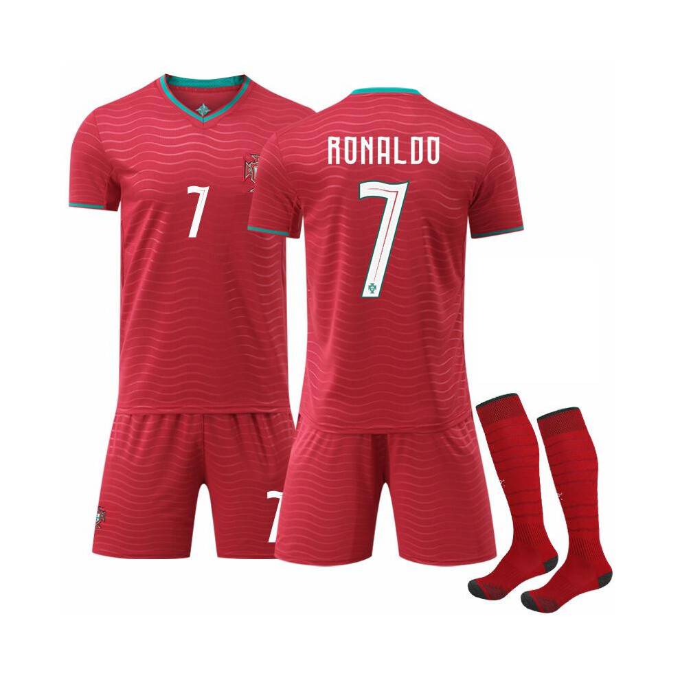 (Size 7 with socks, #18) Portugal 2026 World Cup Home Jersey 7 Ronaldo Soccer Uniform Red Shorts Set