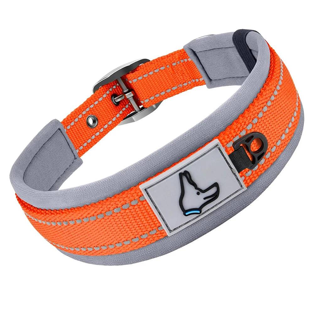 Padded Reflective Nylon Dog Collar – Adjustable for Small, Medium & Large Dogs - Orange / L (L)