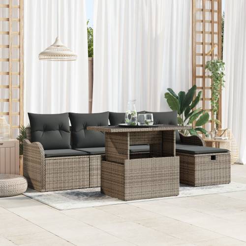 Trädgårdsoffset med kudde med lagring 6 pcs Grå Poly rattan