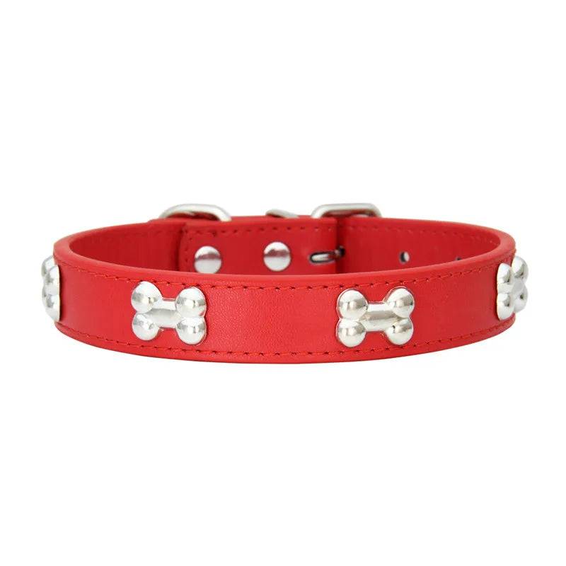 Leather Dog Collar with Bone Design - Red / L (L)