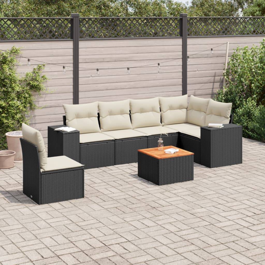 Sofasæt Til Haven 7 Dele Med Hynder Polyrattan - Sort og cremefarvet / 3x midterdel bord hjørnedel