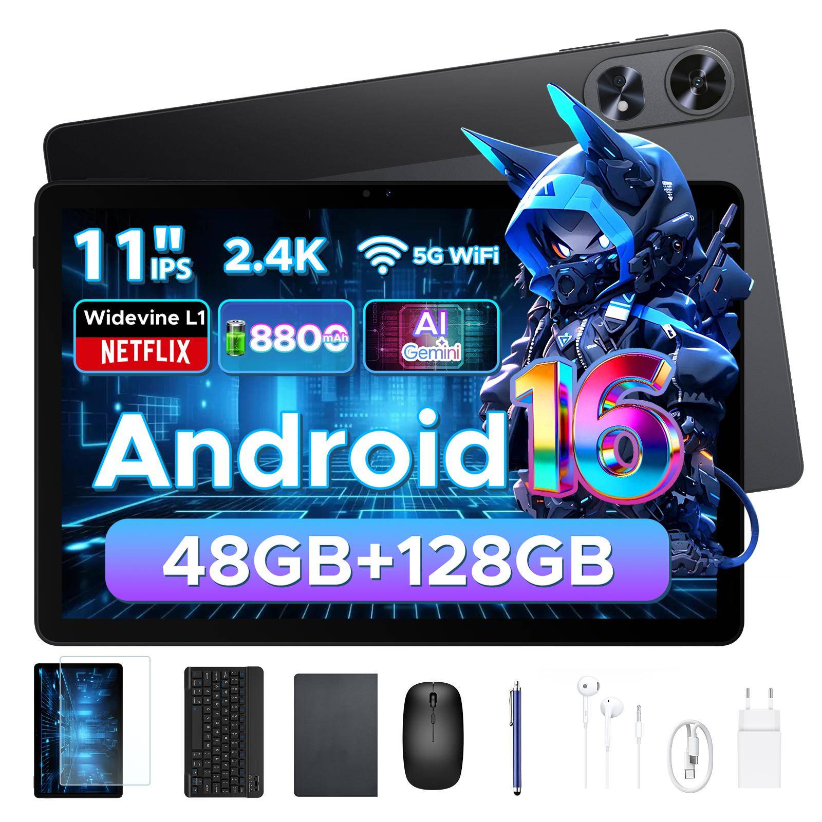 AP11 Pro Android 16 Surfplatta, 11 tum, 48GB+128GB, 2.4K 90Hz, Octa-Core, 8800mAh, 5G WIFI, Hörlurar, Surfplatta med Tangentbord, Penna, Mus grå färg
