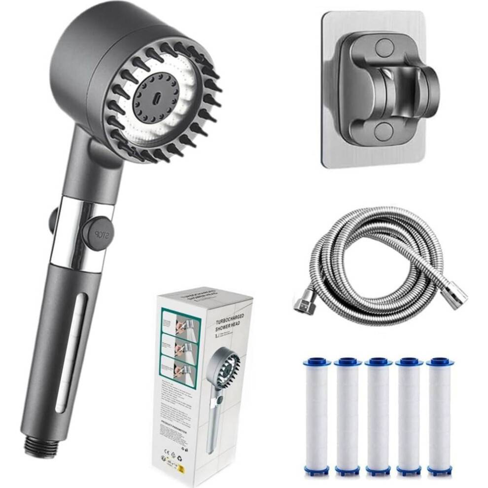 Højtryksbruserhoved med filter- og massagefunktion, 3 tilstande, vandbesparende håndbruser, inklusive holder og slange, grå