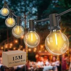 Yuusei Ljusslinga utomhus, 15 m LED-ljuskedja glödlampor utomhus 25 glödlampor med 1 reservglödlampa varm vit, IP45 vattentät G40-ljuskedja inomhus utomhusbelysning för trädgård, balkong, bröllop,