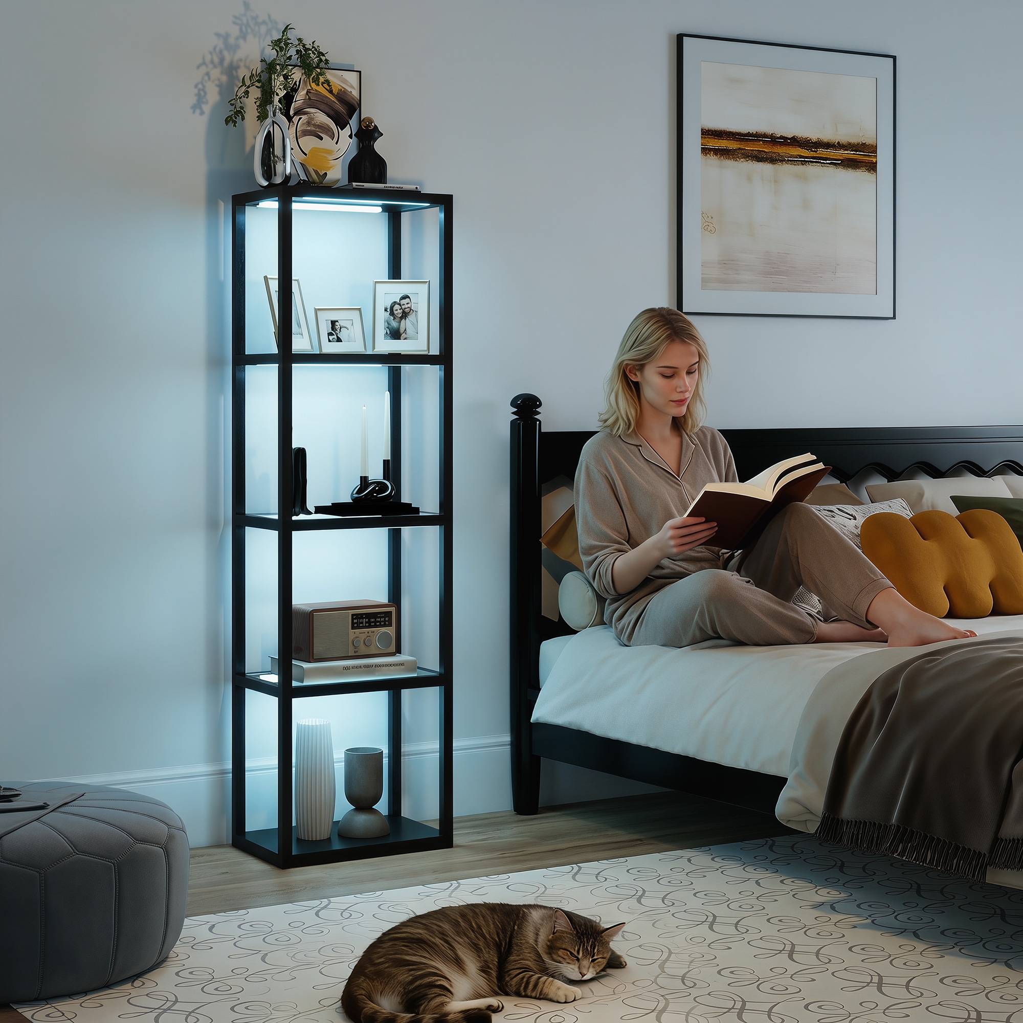 RGB gulvlampe med glashylder, 4-etagers LED-gulvlampe med fjernbetjening, musiksynkronisering, sort.