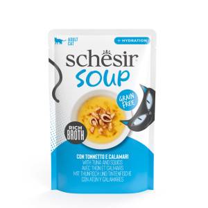Schesir Cat Soup med tonfisk och bläckfisk våtfoder katt (påsar). Förpackning: 4 lådor (48 x 40g)