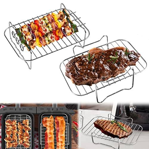 Pipihome 2 stycken varmluftsfritös ram med spett, luftfryer grillgaller tillbehör för Ninja Foodi varmluftsfritös [AF300 EU] 2 fritygsfack, mångsidig 304 rostfritt stål fritös grill