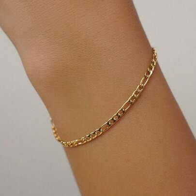 1 st damarmband i 18K guld, platt Figaro-kedja, vattentätt armband i rostfritt stål, lagerkedjearmband, smyckesgåva till henne (En-Storlek)