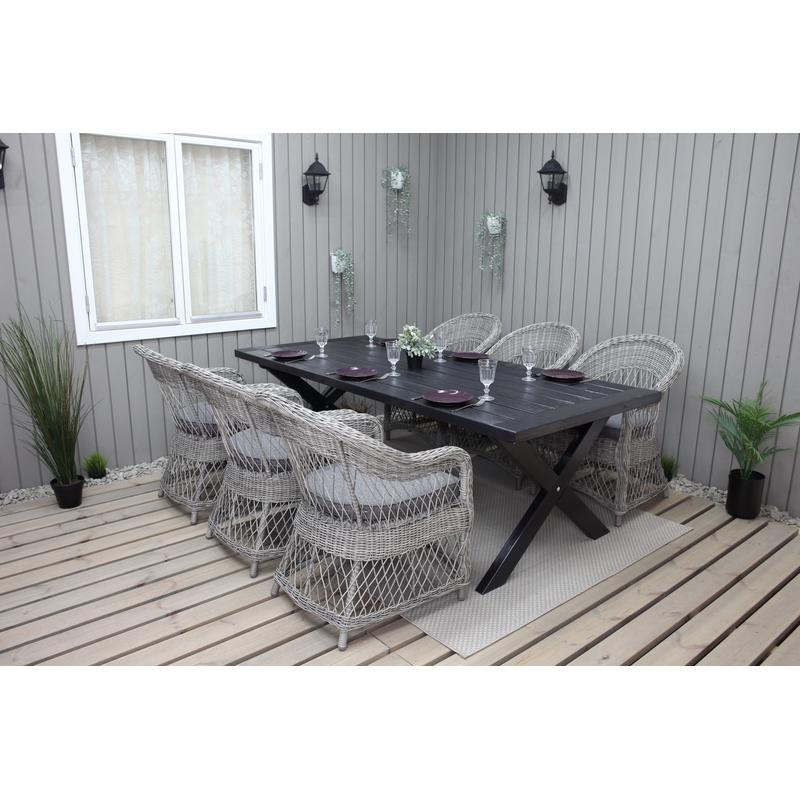Utomhusmöbelgrupp 220 cm bord & 6 Merida grå stolar Baltic Garden