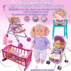 Realistisk babydocka som kan dricka vatten och urinera, babydoll-leksaker för småbarn, barn och flickor, lekset inklusive hopfällbar barnvagn, spjälsä - Blåröd (Multi-size)