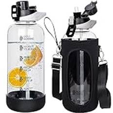 Seekua 2l sportvattenflaska med sugrör och motiverande tid, 2 liter, stor vattenflaska, återanvändbar BPA-fri glas med tidsmarkör