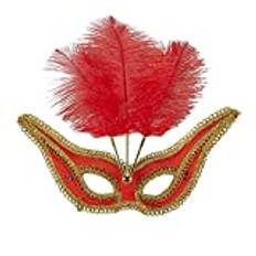 "RED EYEMASK WITH GOLD TRIM & FEATHERS" -