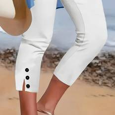 TEMU Women's Stretchy White Capri Pants With Button Details - Mid-rise, Comfortable Knit Fabric, Casual Wear, Style, Capri Legging