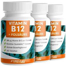 VITAMIN B12 hochdosiert - 3x365 Tabletten mit 500µg Vit B12 + 200µg Biofolate® Folsäure - Methylcobalamin, Adenosylcobalamin & Hydroxocobalamin Vitamin B12 - laborgeprüft mit Zertifikat - 100% vegan