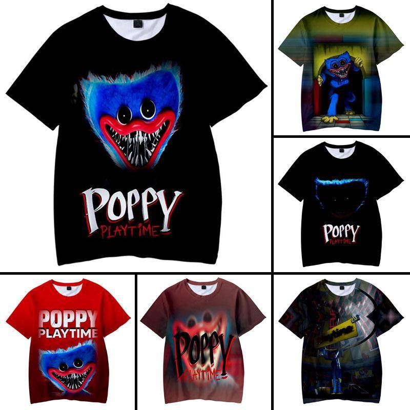 Poppy Playtime T-shirts Huggy Wuggy Skräckspel Tecknad 3D-tryck pojke/tjej O-hals mode T-shirt Barn Pojkar T-shirts Toppar Kläder 130cm