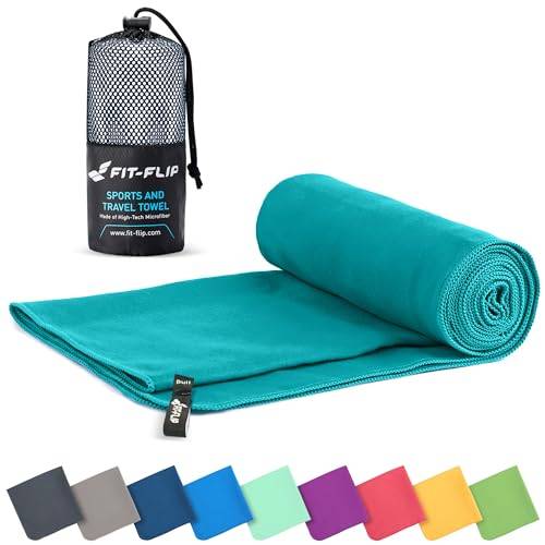 Fit-Flip microfiber handduk - kompakt, ultralätt och snabbtorkande microfiberduk – en perfekt resehandduk, sporthandduk och strandhanduk – handdukar för camping (90x180cm petrol)