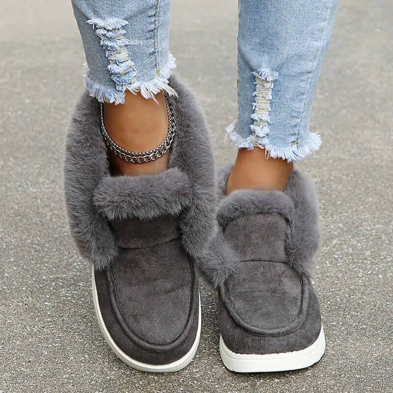 Womens Plush Fur Ankle Snow Boots Suede Winter Shoes - Grey / Size43