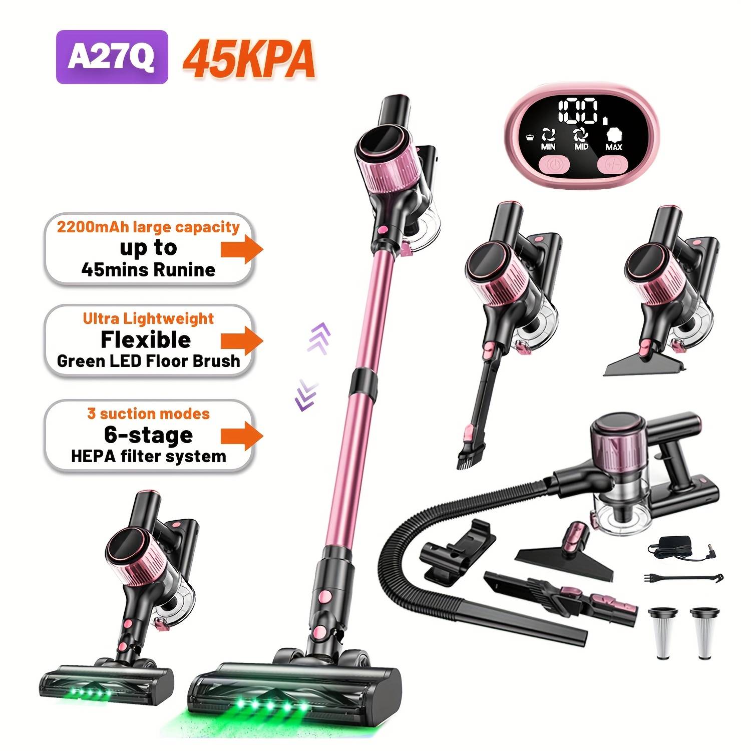10-in-1 Stick Vacuum Cleaner, High Suction For Home Cordless Vacuum Cleaner, 45 Minutes Range, 3 Suction With Upgraded & Anti- Brush, For Home, Hardwood Floor, Carpet And Pet Hair.