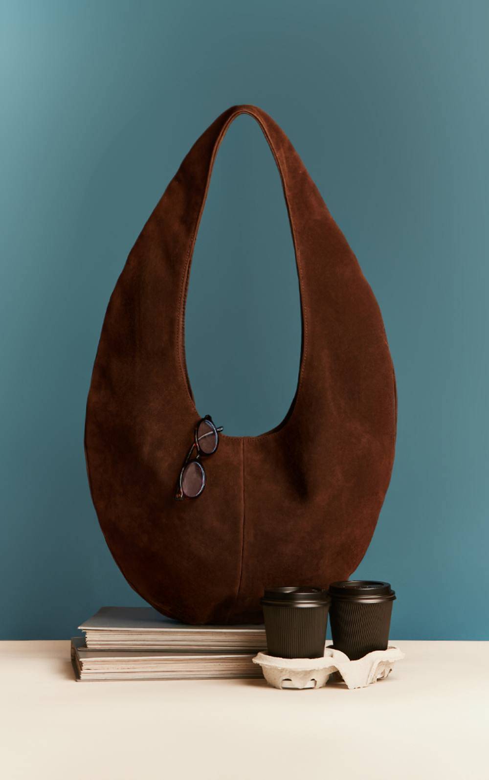 Chocolate Faux Suede Crescent Tote Bag