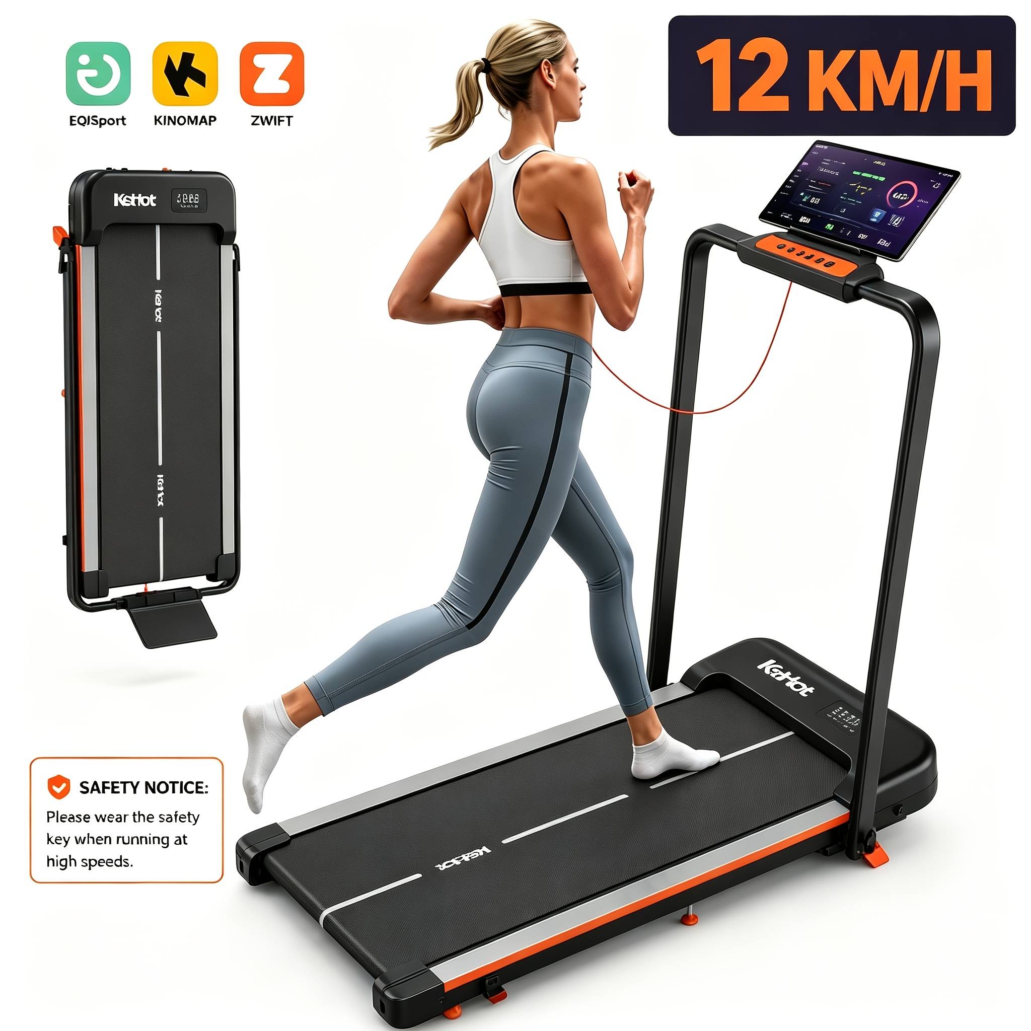 TEMU Folding Treadmill For Small Apartments, 12% Incline, 1-6km/h Walk Max 12km/h Run, Compatible With Eqisport , 12 Training , Ultra-thin Foldable With Safety Key, Without Battery