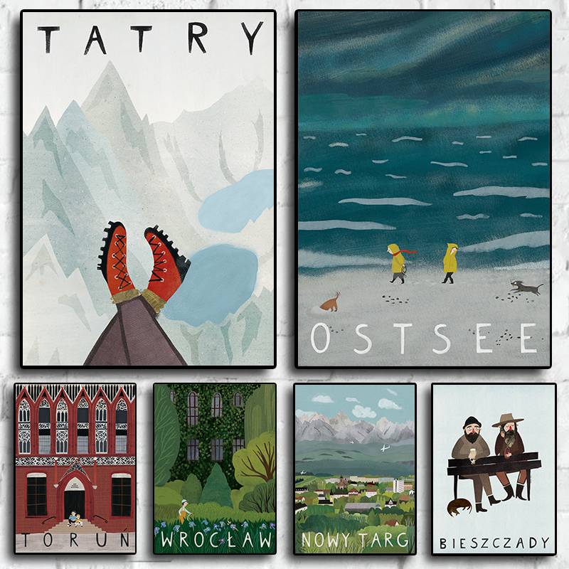 Poland Travel Tatra Mountains Baltic Sea Landscape Cartoon Poster Canvas Painting Nordic Wall Picture Kids Room Home Decor