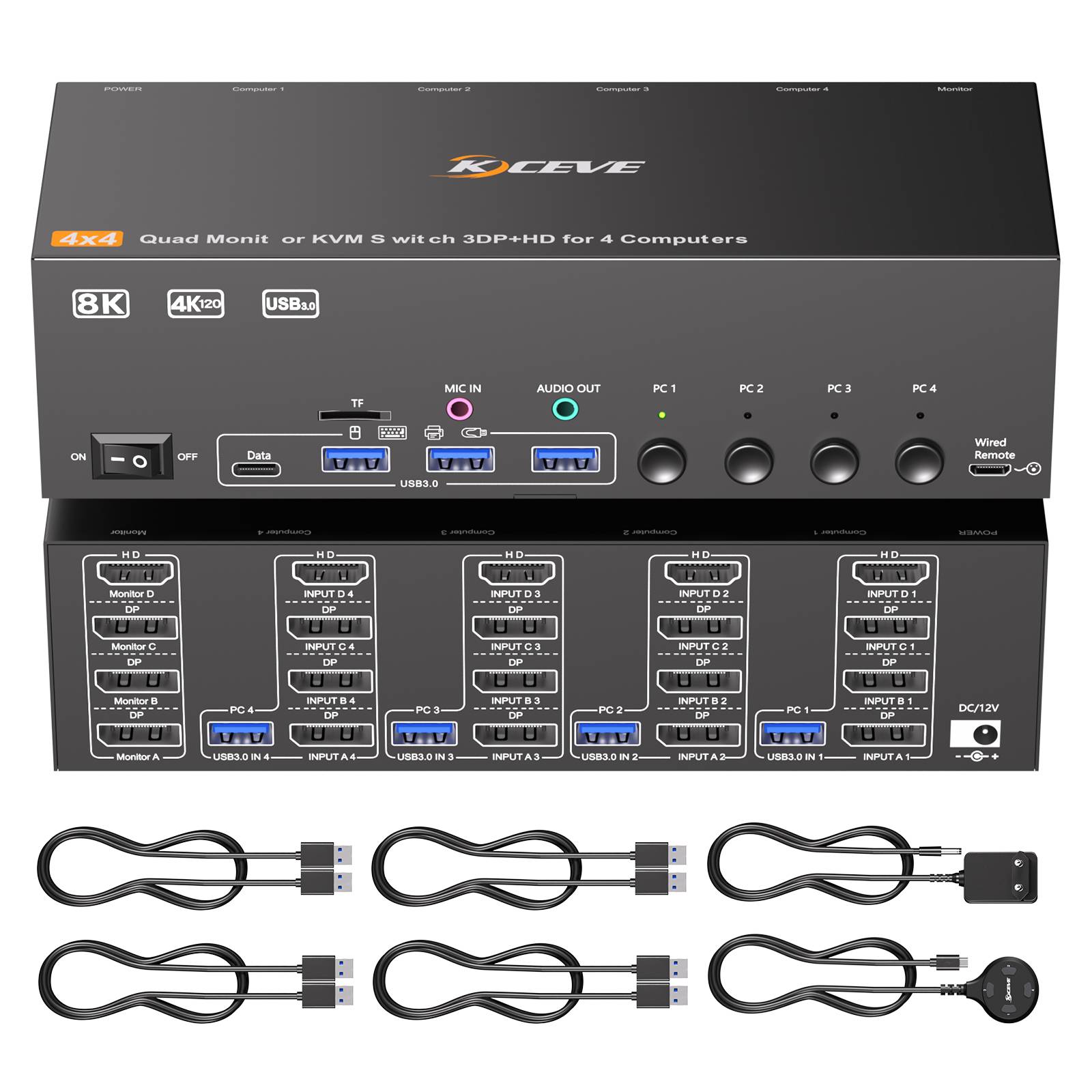 USB 3.0 KVM Switch 4 Monitors 4/2 Computers HDMI+DisplayPort,KCEVE 8K@30Hz/4k@144Hz for 4/2 PC Share 4 Display 4 USB 3.0 Devices