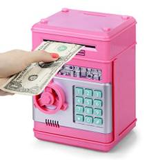 Thedttoy Sparbössa för barn, ATM Bank elektroniskt lösenord spargris mini-bankomat, pengaskåp kontanter mynt pengabank digitalt kassaskåp för 3–12 år pojkar flickor, present till födelsedag (Rosa)