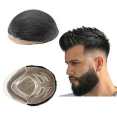 FPM Toupee för män – 10 x 20 cm hårstycken av människohår, ersättningssystem, hårprotes, hårlappningsenheter, implant (#1B Off Black)