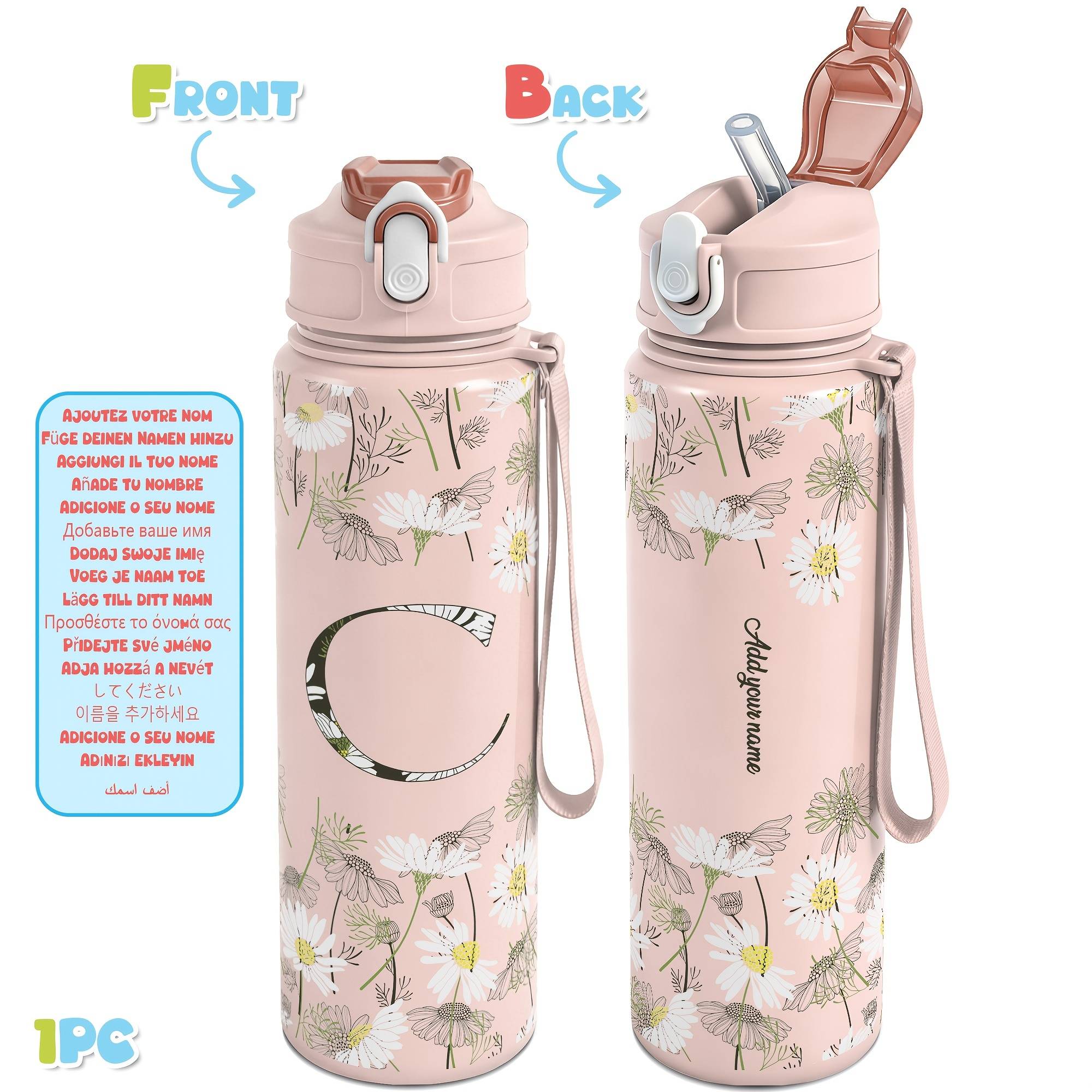 1pc 25oz Water Bottle With Time Marker Flower Letter Print Water Bottle Personalized Letter Print Leakproof Design Straw Lid For Gym Office