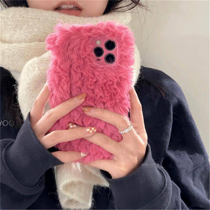 Ins Korean Cute Fuzzy Plush Pink Phone Case För Iphone 14 13 12 11 Pro Xs Max X Xr 7 8 Plus Winter Shockproof Soft Cover Funda