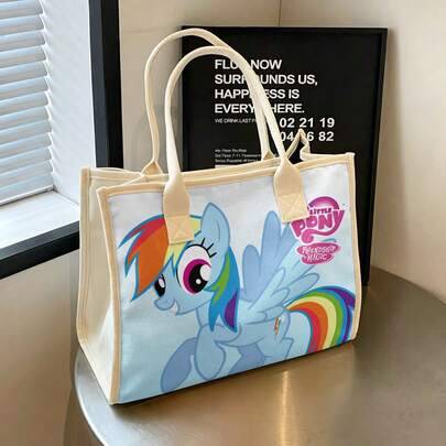 Söt My Little Pony-karaktärstryckt tygkasse i canvas, stor kapacitet med rosa kant för daglig användning & shopping - Vitt