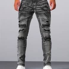TEMU Men' Jeans, Casual Ripped Embroidered Design, 80% Cotton 15% Polyester 5% Elastane, Medium Stretch, Regular Fit, 400g/m² Woven Fabric, Versatile Long Pants For Adults