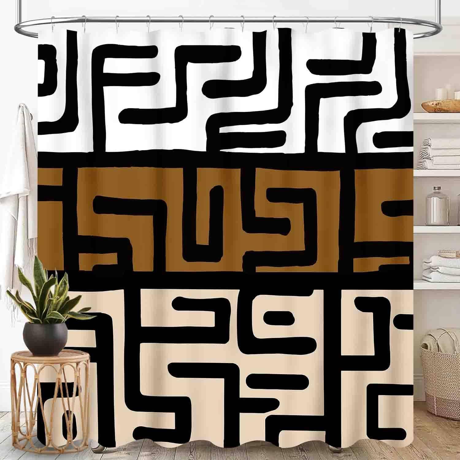 Afrikansk Mudcloth Duschdraperi, Bohemiskt Modernt Abstrakt Geometriskt Tryck Stam Afrika Etniskt Mönster Boho Brunt Vattentätt