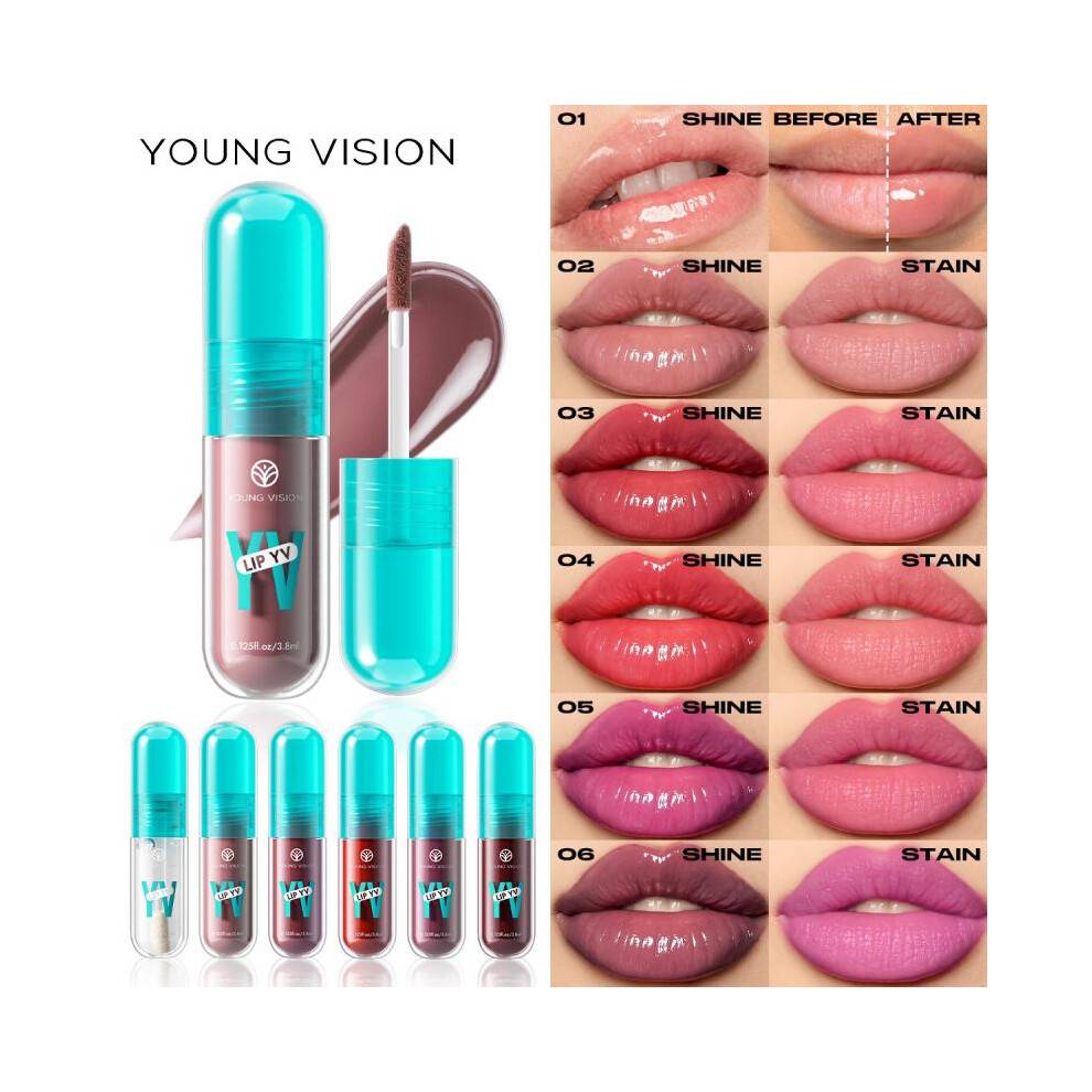 (03) YOUNG VISION 6-Color Lip Gloss Avocado Moisturizing Lip Glaze Lightweight Non-Sticky Hydrating Smooth Pigmented
