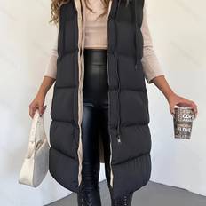 TEMU Women' Hooded Long Zip-up Vest Coat - Machine Washable Puffer Jacket With Pockets, Stylish Commuter Outerwear For Casual & Professional Outfits, Ladies Winter Vest