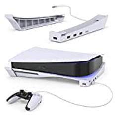 MENEEA Horizontaler Ständer für PS5 Konsole mit 4-Port USB Hub, Upgraded Zubehör Basis Halterung für Playstation 5 Disc & Digitale Editionen, 1 USB 2.0 Datenanschluss & 3 Erweiterung der Ladebuchse