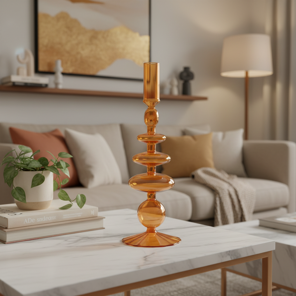 Glass Candlestick Holder - E Style / Orange