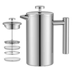 Enfmay Cafetière 350 ml, 3 koppar rostfritt stål fransk press kaffebryggare, 3 nivåfilter dubbelväggig isolerad fransk presskaffettiere för hem och kontor kaffekanna, inklusive 1 ersättningsfilter